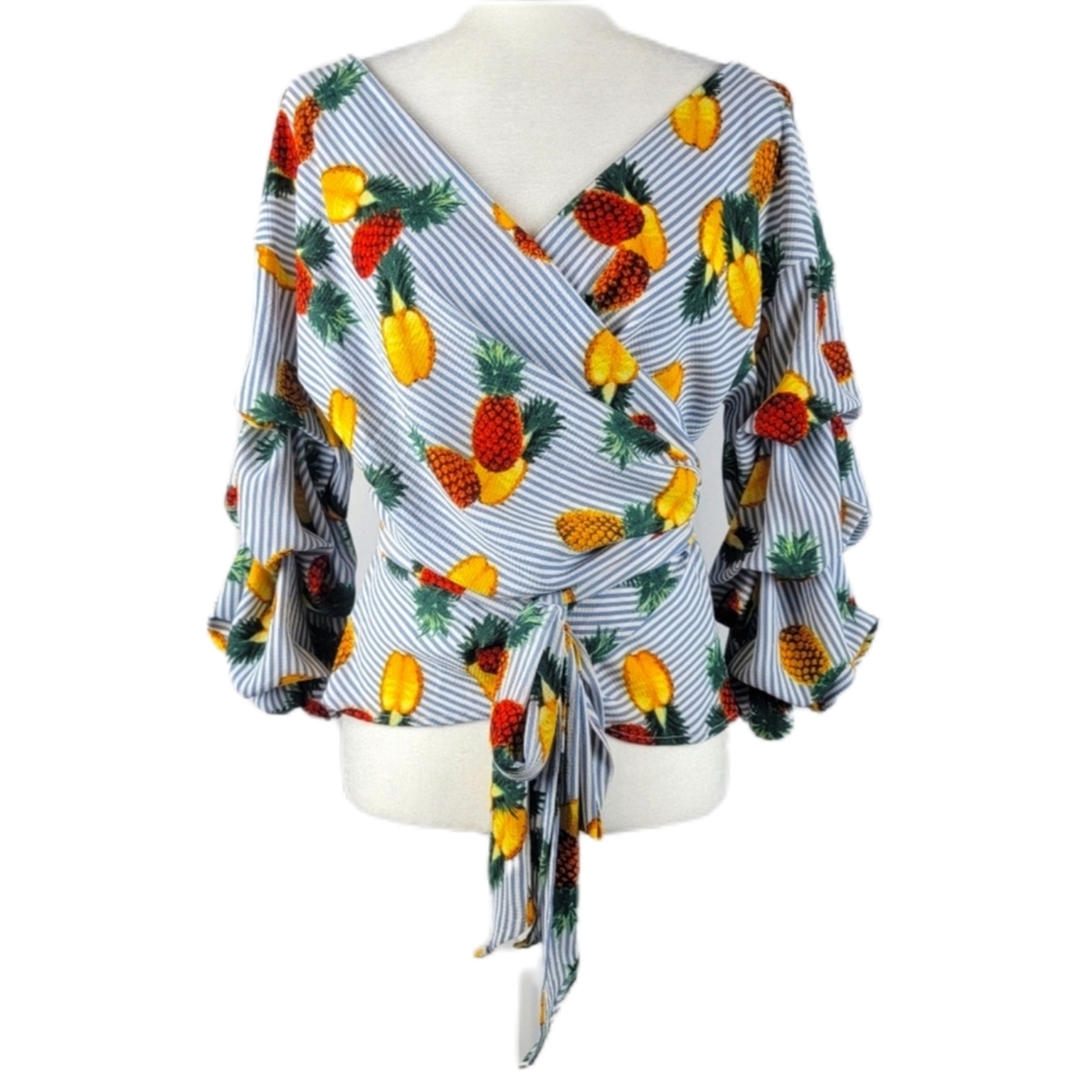 Love J Blue White Striped Wrap Top with pineapple print long sleeve Large
